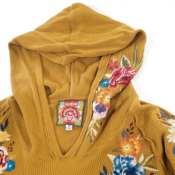 Isla Thermal floral Embroidered Hoodie Johnny Was M Mustard Yellow Cotton Boho - Picture 7 of 13